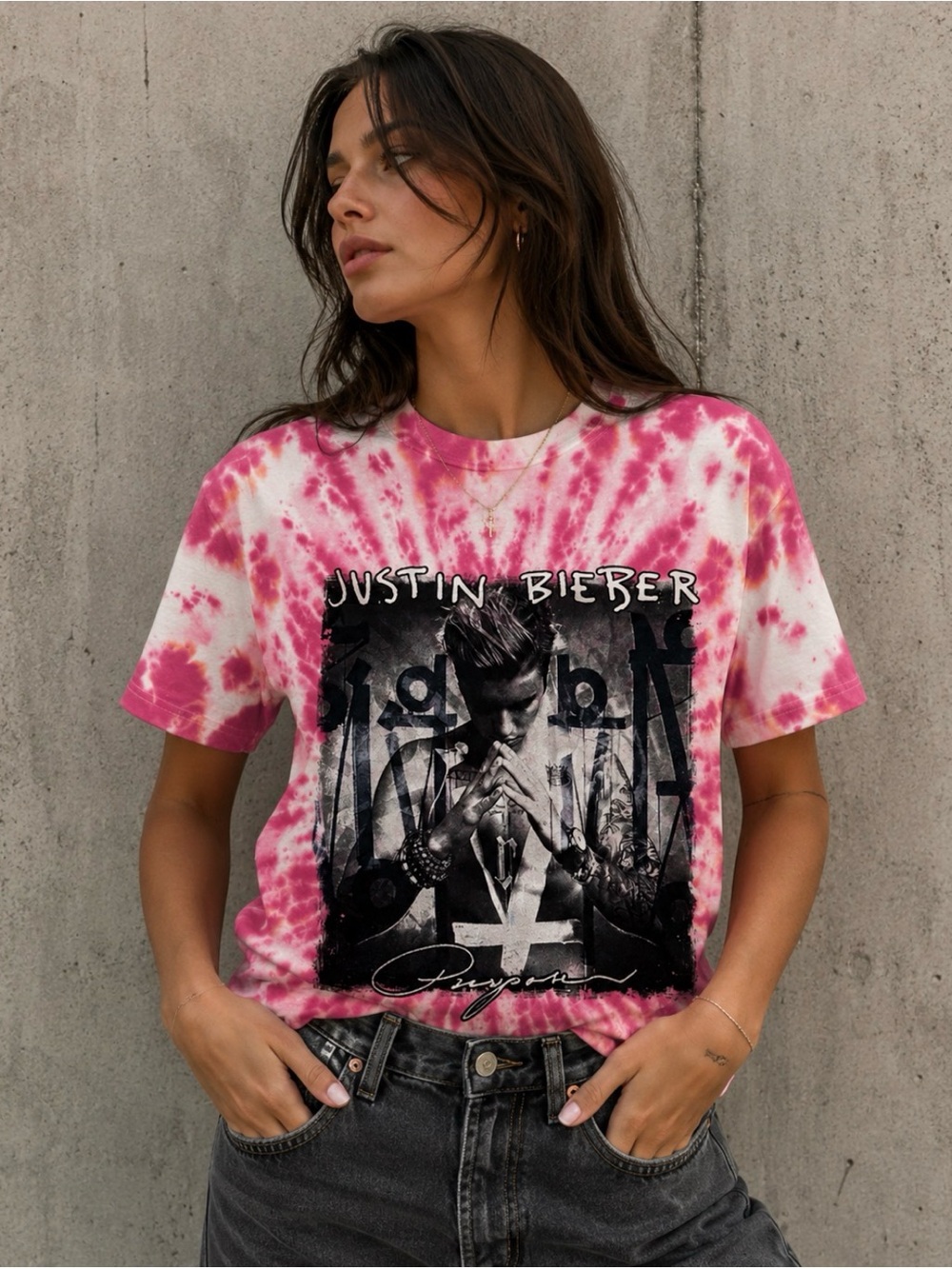 Justin Bieber Purpose World Tour 2016 Tie Dye Graphic Tee Pink Size L
